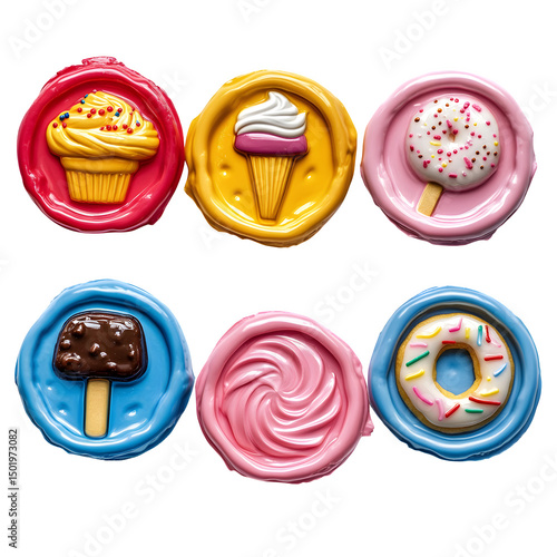 five different colorful wax seals each featuring a unique embossed dessert: a cupcake with sprinkles, popsicle with a bite mark, chocolate chip cookie, cotton candy swirl, and a cheerful donut