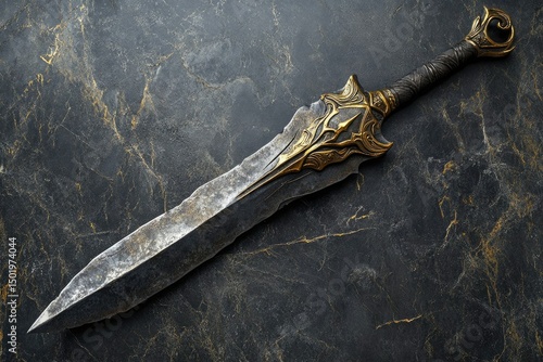 A highly detailed fantasy sword with an ornate gold hilt and weathered steel blade, resting on a textured dark surface.
