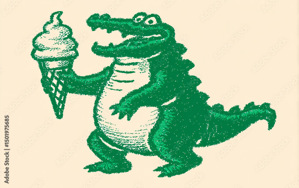 Fototapeta premium playful cartoon crocodile and dinosaur holding ice cream cones, bold textured line art in retro style with cheerful expressions, cute animal characters for kids and food themes 