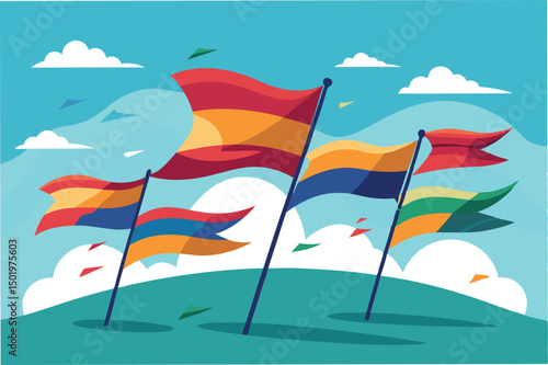 Colorful flags waving in the breeze against a clear blue sky with soft clouds, conveying a sense of vibrancy and movement in a sunny environment