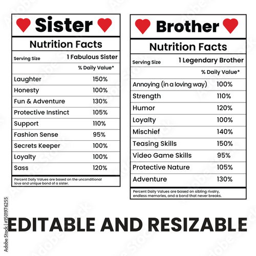 brother and sister nutrition facts label, editable funny sibling nutrition facts, printable family facts design, resizable nutrition label for brother and sister