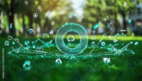 Sustainable technology concept, circular economy design, and green growth in nature.  Circular data streams on a grassy field