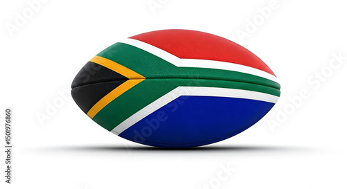 A rugby ball with the south african flag design isolated on a white background in studio lighting