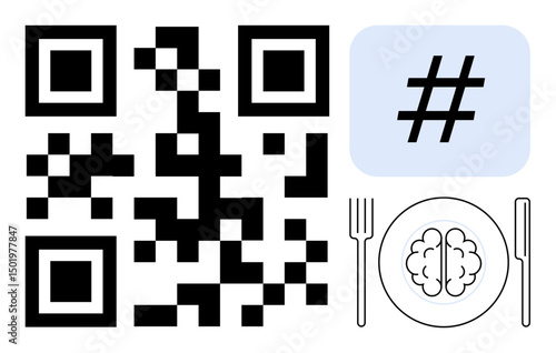 QR code, metadata tag in blue box, plate with brain-thumbs up food and cutlery. Ideal for technology, digital innovation, thoughts, creativity, connectivity, social media simple landing page