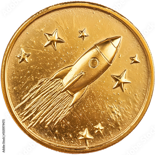 shiny embossed gold coin on clean white background, featuring a tiny rocket with stars trailing behind, playful style, high-detail metallic embossing, no text, --raw