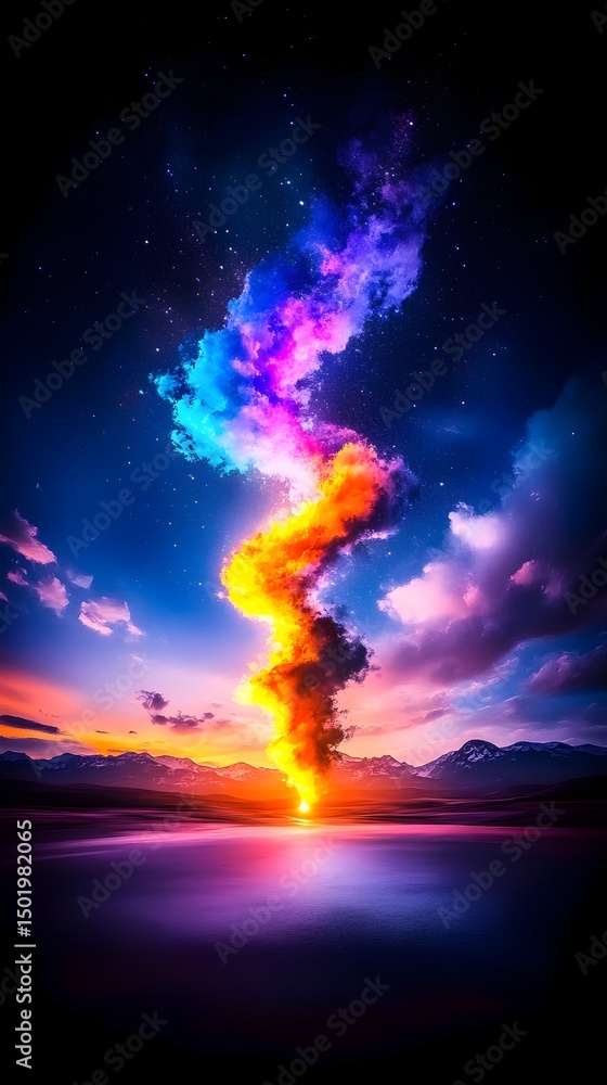 Fototapeta premium Vibrant, swirling rainbow smoke plume erupts from a fiery base at sunset, reflected in a calm body of water against a starlit sky