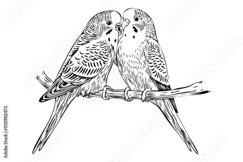Black and white Two Budgies Perched Together, stylized illustration of two budgies perched close together on a branch, Budgerigar, common parakeet, shell parakeet or budgie (Melopsittacus undulatus)