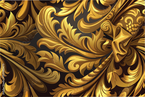 Intricate golden floral pattern designed with elegant swirls and details suitable for wallpaper or textile use, capturing luxury and sophistication in a vintage style