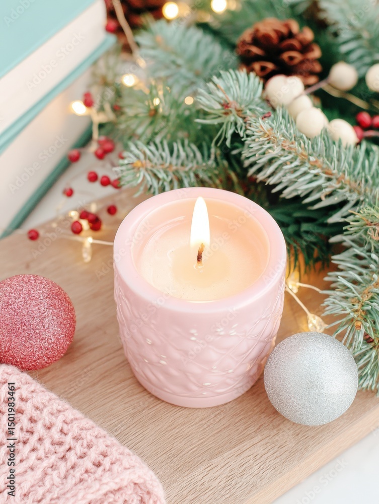 Lit candles on a wooden tray surrounded by red and gold Christmas decorations, warm holiday ambiance. Lit candles on a wooden tray surrounded by red and gold Christmas decorations, warm holiday ambiance.