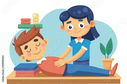 Child engages in a playful activity while sitting at a desk with books as a girl pretends to perform an examination on a boy during a light-hearted moment at home