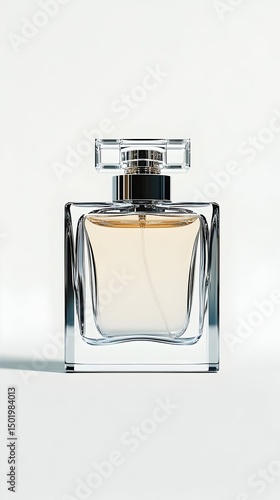 A clear, square glass perfume bottle with a silver cap, containing light yellow liquid, sits on a white background, casting a subtle shadow