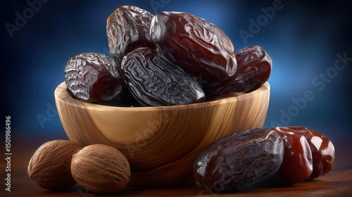 The wooden bowl contains a generous helping of walnuts, almonds, and raisins, with even more nuts and raisins cascading into it