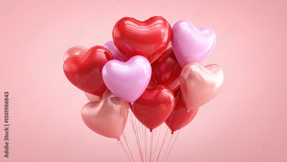 Heart-shaped balloons cluster against a pink backdrop. Heart-shaped balloons cluster against a pink backdrop.