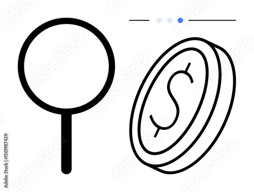 Magnifying glass and coin with dollar sign suggest precision and financial focus. Ideal for finance, investment, data analysis, business strategy, economic research, cost management, simple landing