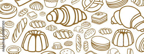 Isolated vector set of Bakery. Hand drawn and chalked cookies, barolls, pies, cakes, pastries, croissants.. Vintage template with pastries sketch. Fresh bakery. Shop. Template.