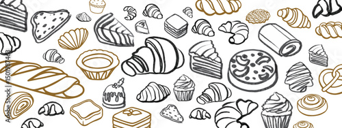 Isolated vector set of Bakery. Hand drawn and chalked cookies, barolls, pies, cakes, pastries, croissants.. Vintage template with pastries sketch. Fresh bakery. Shop. Template.