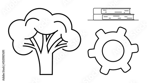 Tree, stacked books, and gear outline emphasizing themes thumbs up education, sustainability, and progress. Ideal for environment, learning, teamwork innovation growth research technology. Flat