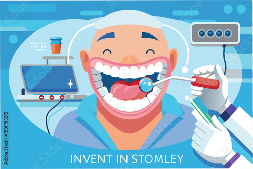 Innovative dental care concept with smiling patient at modern dental clinic in a vibrant vector illustration