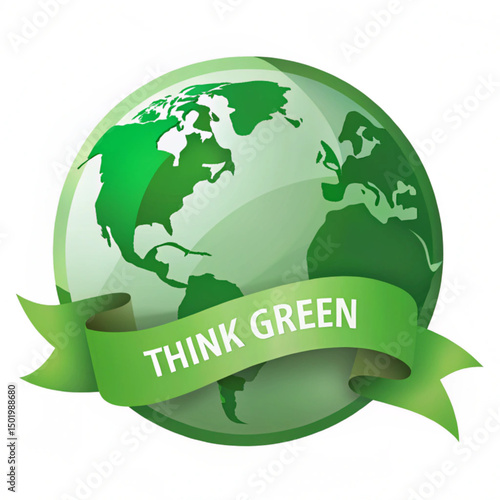 Think Green Earth Button eps. Illustration of an earth button with ribbons and the slogan Think Green on it.isolated on white white background . EPS available.