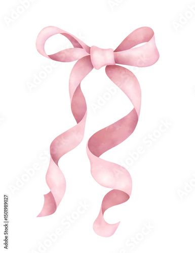 Elegant pink ribbon bow with long, flowing tails in a soft watercolor style. Hand-painted design element  for invitations, packaging, feminine branding, and festive decorations.