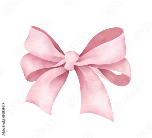 Pink decorative bow with flowing ribbon ends. Watercolor illustration style with soft textures and pastel tones. Ideal for greeting cards, packaging, scrapbooking, invitations, and festive design.