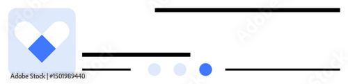 Flat minimalist icon with white and blue elements, text lines, and navigation dots. Ideal for UI design, branding, navigation, app interface, tech, content organization simple landing page
