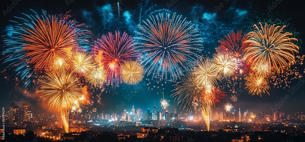 Spectacular fireworks display over a cityscape at night with colorful explosions Spectacular fireworks display over a cityscape at night with colorful explosions