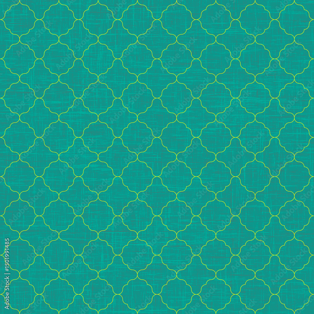 Fototapeta premium Yellow ogee brick tiles pattern on sea green textured background, seamless pattern