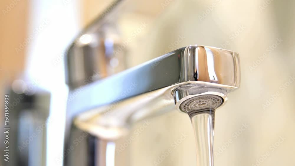 Close-up of Hand Turning on Chrome Faucet with Water Flowing Close-up of Hand Turning on Chrome Faucet with Water Flowing