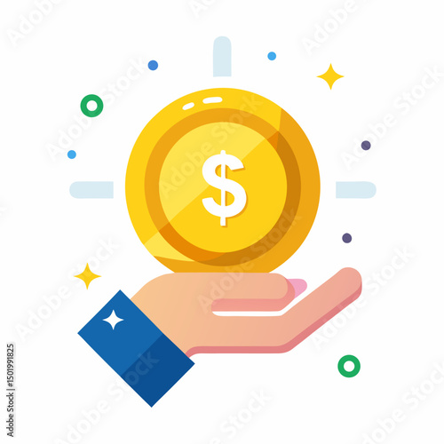 Hand holding gold coin, vector finance currency illustration