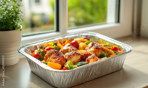 Roasted Chicken and Vegetables in Aluminum Tray near Window
