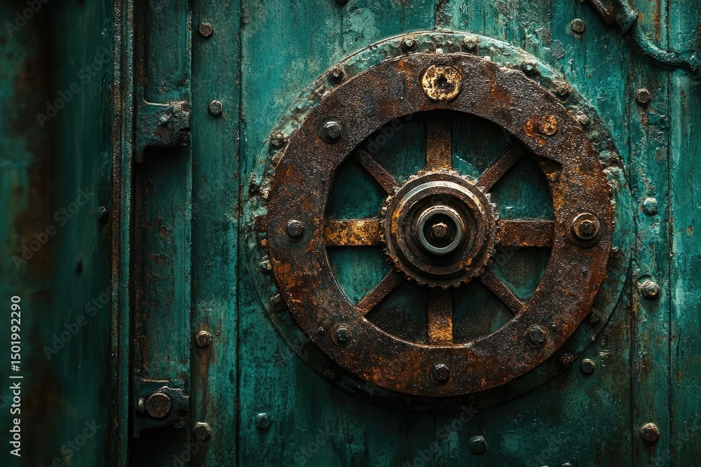 A heavily rusted metal wheel, featuring various bolts and textures, mounted on a weathered turquoise door or panel. A heavily rusted metal wheel, featuring various bolts and textures, mounted on a weathered turquoise door or panel.