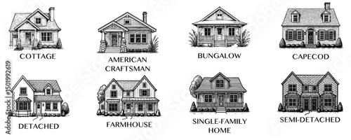 Illustration set various types of houses. Vector cottage, American craftsman, bungalow, cape cod, detached, semi-detached, farmhouse, single family home. Sketch style homes