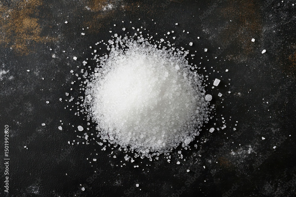 Pile of white salt crystals on a dark textured background Pile of white salt crystals on a dark textured background