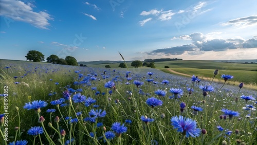 Flores azules floreciendo en un campo frondoso bajo un cielo despejado  