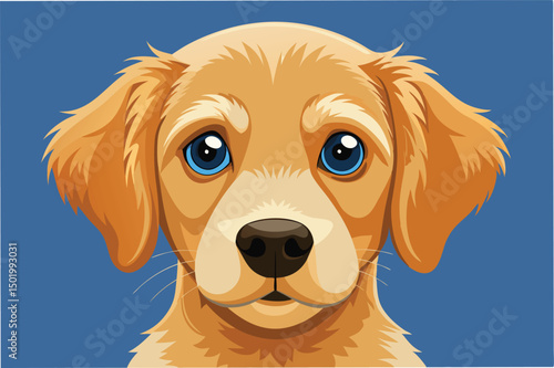 Detailed vector illustration of a golden retriever puppy showcasing its expressive eyes and soft fur against a solid blue background, emphasizing the joy and innocence of youth