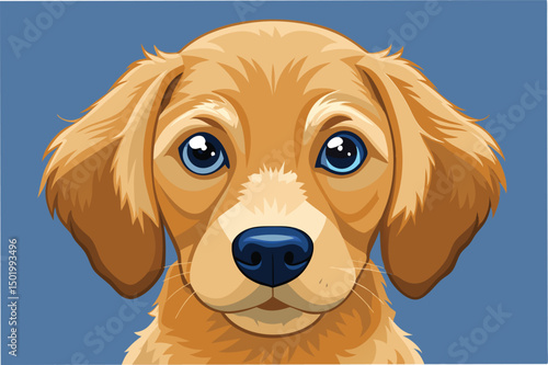 Detailed vector illustration of a golden retriever puppy showcasing its expressive eyes and soft fur against a solid blue background, emphasizing the joy and innocence of youth