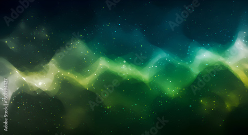Abstract background with a gradient blend of black, dark blue, emerald, teal, lime, yellow, and white featuring metallic shine, neon glow, glitter, and textured light effects