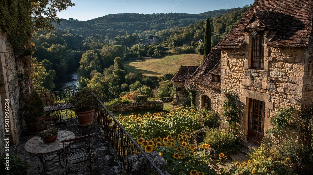 Fototapeta premium A sunflower-filled stone house sits on a riverside valley backdrop