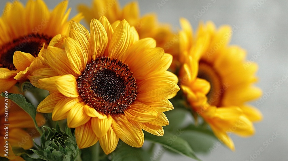 Fototapeta premium Sunflower vase on wooden table with white cloth