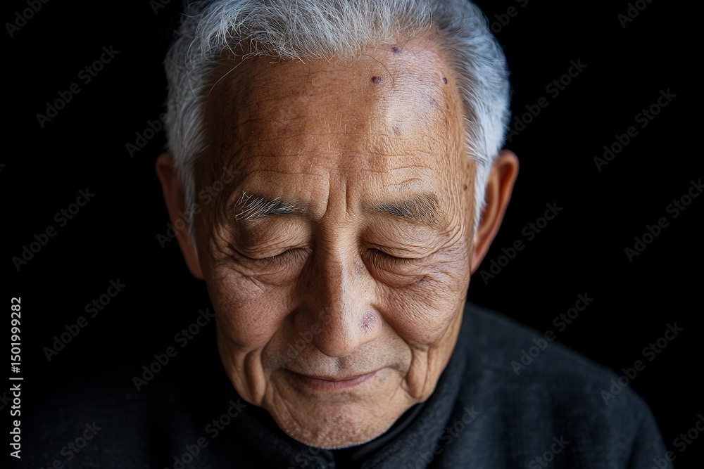 Obraz premium An elderly man with closed eyes, deep in thought, exuding wisdom and calmness