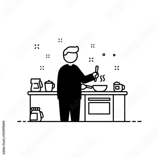 Man cooking in a modern kitchen while stirring a pot, minimalistic line art style with a monochrome palette, concept of home cooking and culinary arts