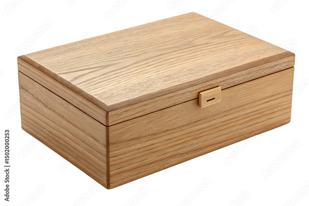 Elegant wooden box with a natural finish and a simple closure against a black background Elegant wooden box with a natural finish and a simple closure against a black background