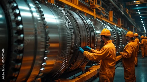 Industrial workers maintain large turbine components.