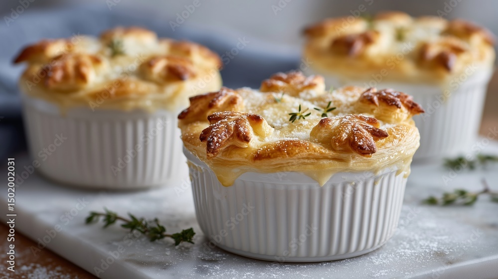 Individual Chicken Pot Pies in Ramekins with Puff Pastry Leaf Crusts on Marble Counter Individual Chicken Pot Pies in Ramekins with Puff Pastry Leaf Crusts on Marble Counter