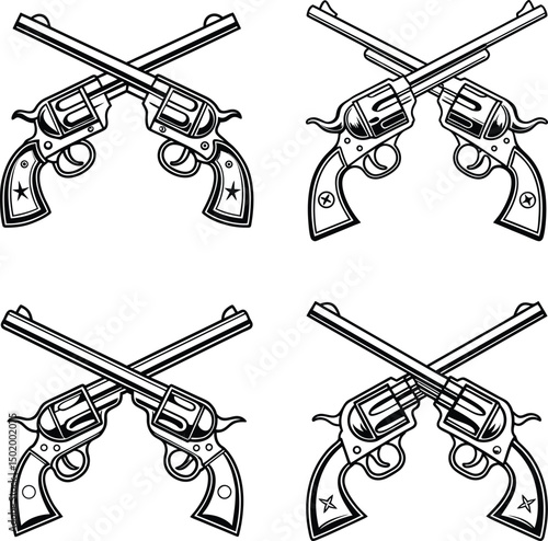 Four Variations of Crossed Revolver Guns Wild West Design