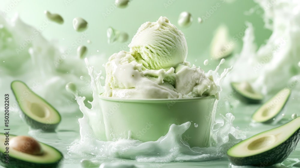 Fototapeta premium Pale green container for avocado ice cream with a soft, creamy texture, a scoop of ice cream on top, surrounded by delicate milk splashes and thin avocado slices.