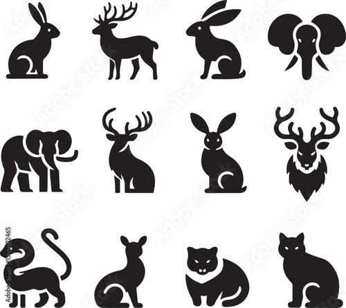 "Stylized Animal Symbols Vector Set – Silhouette Icons of Birds, Lions, Deer, Snakes and Fantasy Creatures"
