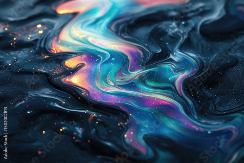 An abstract display of flowing, iridescent liquid with dark background and golden sparks, evoking cosmic and artistic themes.