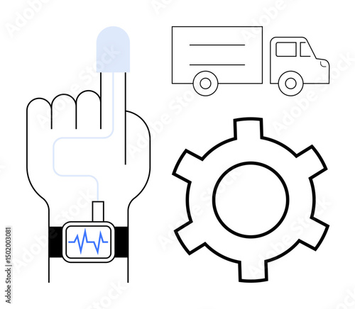 Hand with biometric wearable, delivery truck, gear symbolizing health tech integration with logistics, machinery, automation, connectivity, healthcare management, efficiency, innovative solutions